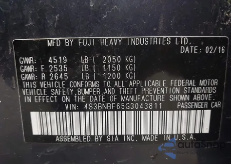 2016 Subaru Legacy 2.5I Premium from USA, damaged, VIN 4S3BNBF65G3043811